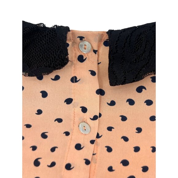 Vintage 90s Zara Lace Peter Pan Collar Peach Black Print Button Down Back Blouse - Picture 7 of 14